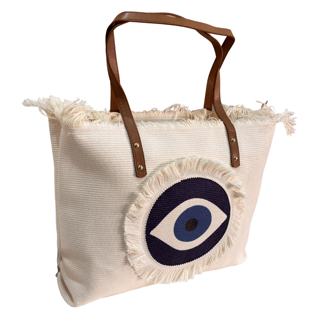 Evil Eye Canvas Tote Bag — Handcrafted Cotton Canvas with Nazar Motif & Zip Closure | The House of RajPadmini