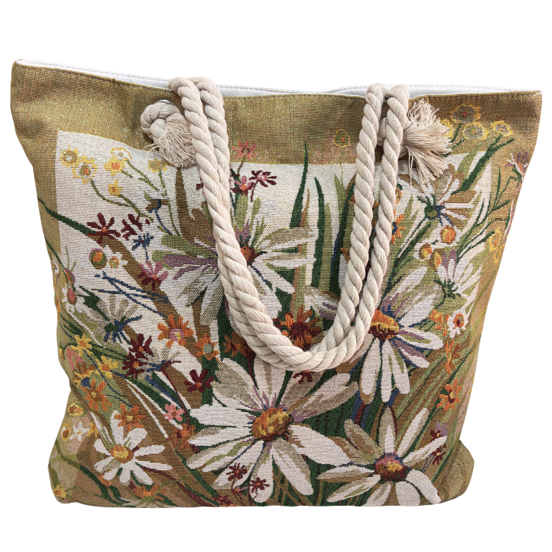 Peacock & Floral Print Canvas Beach Tote — Handcrafted Waterproof Tote with Zip Closure | The House of RajPadmini