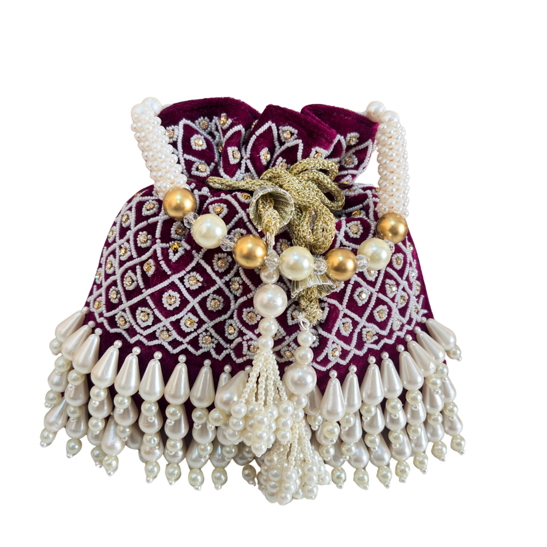 The House of RajPadmini Velvet Pearl Embroidered Potli Bag