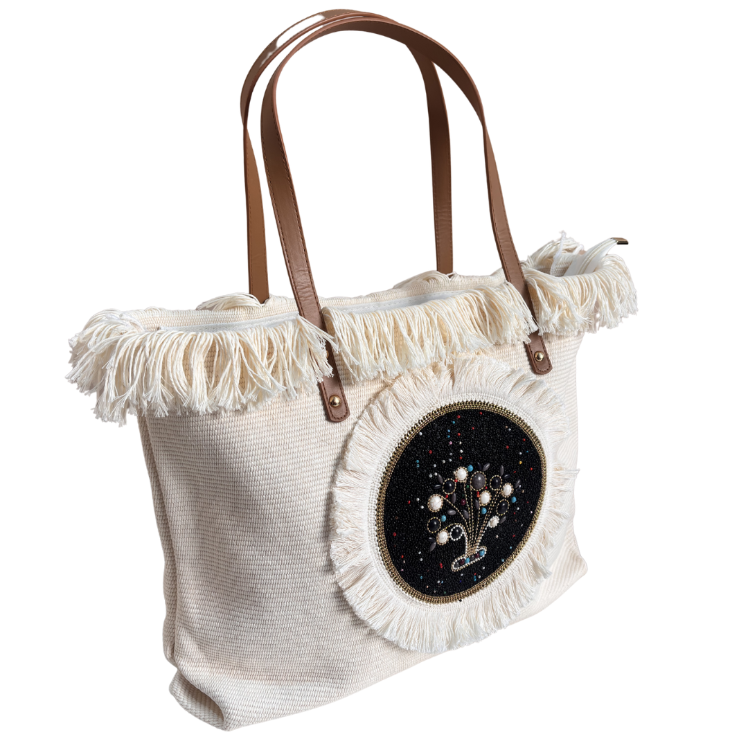 The Canvas Handwork Tote Bag with Beaded Embellishment