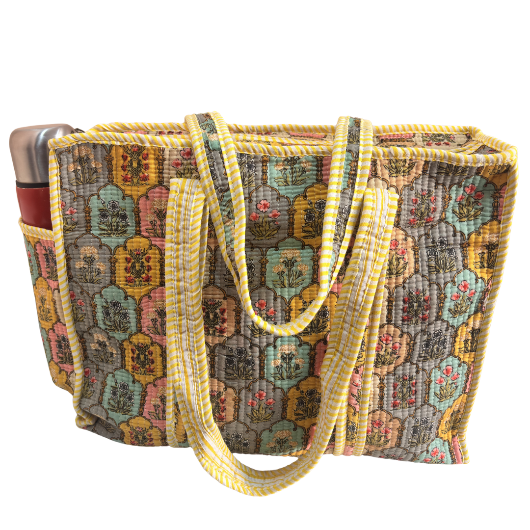 Artisan Quilted Bloom Quilted Cotton Tote - Handcrafted Shopping Companion