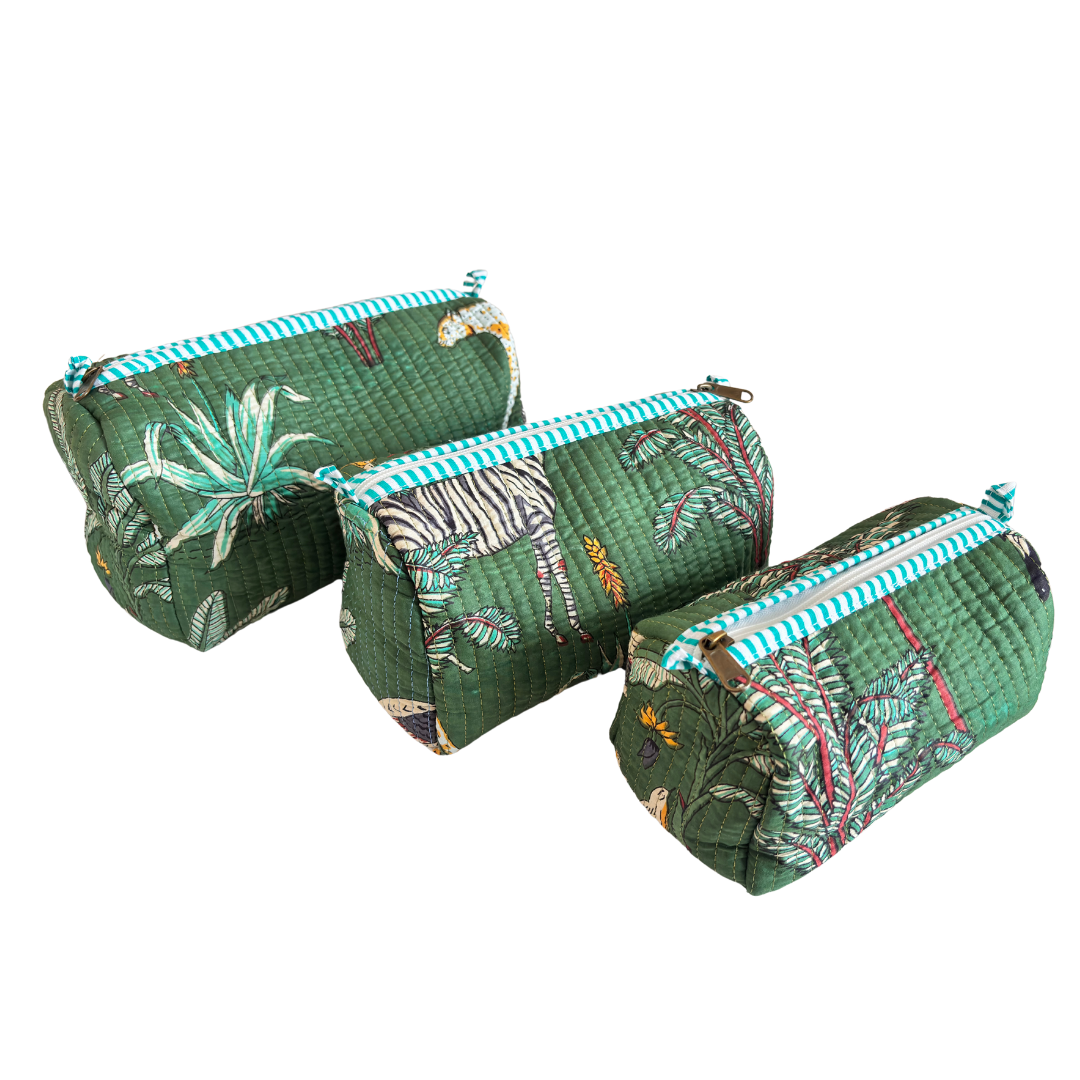 Quilted Cotton Travel Pouch Set of 3 – Waterproof Toiletry Organizer | Handcrafted in India