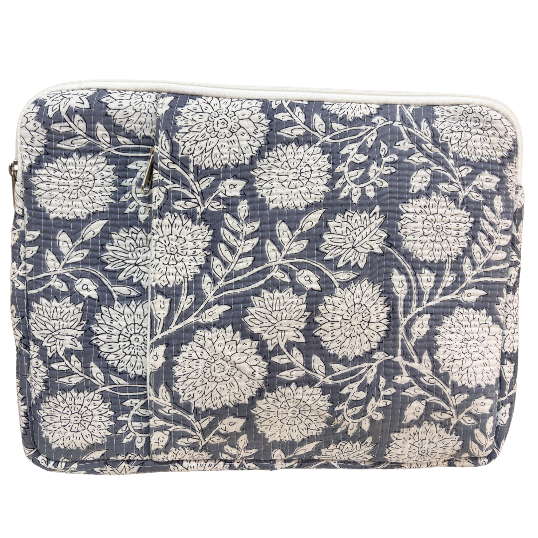 Grey laptop sleeve front view showing 250 GSM quilted cotton and subtle heritage print