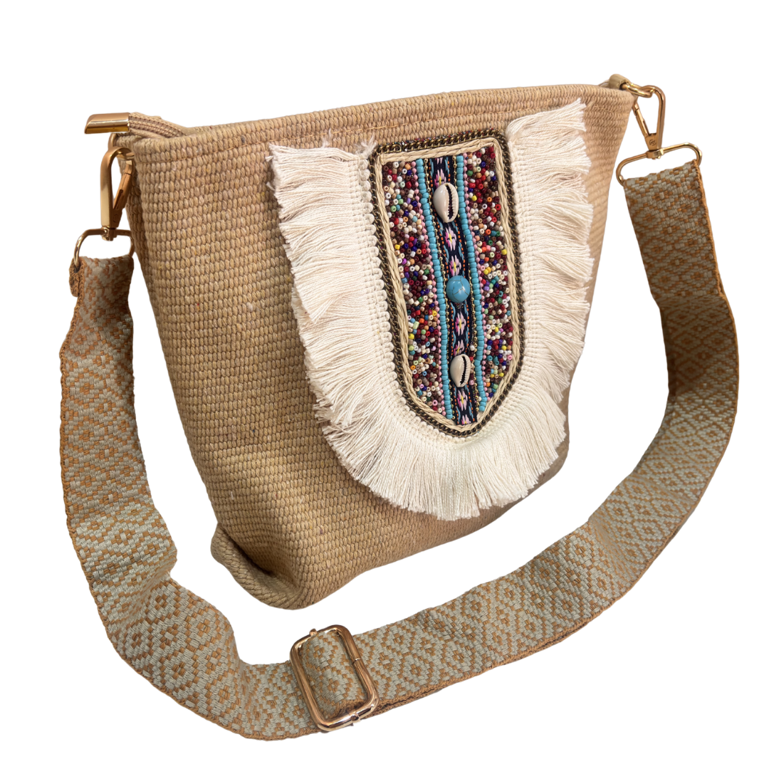 Handwork Bohemian Sling Bag | Canvas Fabric | Beaded Embellishment with Fringe | 21.5x27.9 cm