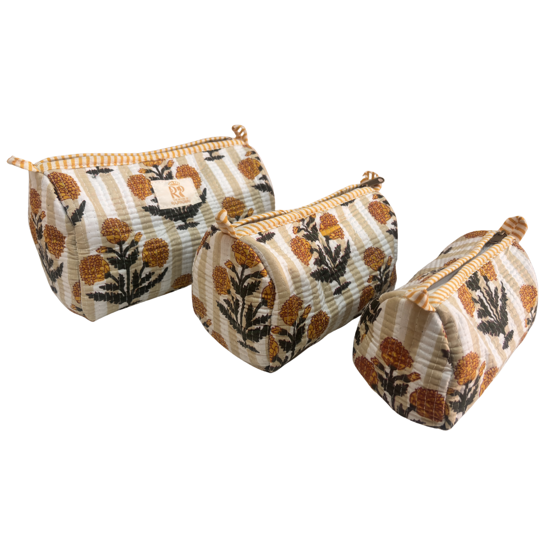 Quilted Cotton Travel Pouch Set of 3 – Waterproof Toiletry Organizer | Handcrafted in India