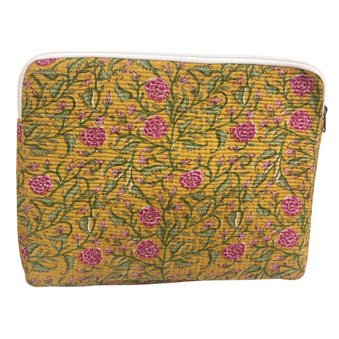 Quilted Cotton Laptop Sleeve with External Pocket — Handcrafted 14-inch Sleeve | The House of RajPadmini