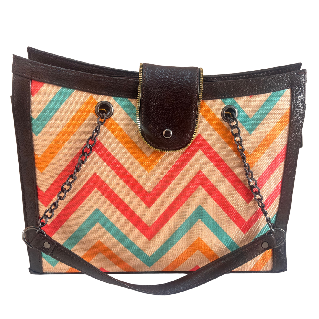 Chain Handle Tote Bag for Women | Rajasthani Block Print with Gold Chain Handles & Matching Pouch