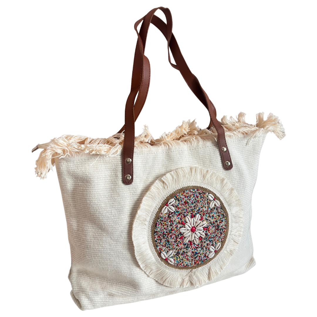 Beaded Canvas Tote Bag for Women | Hand-Embellished Bohemian Tote