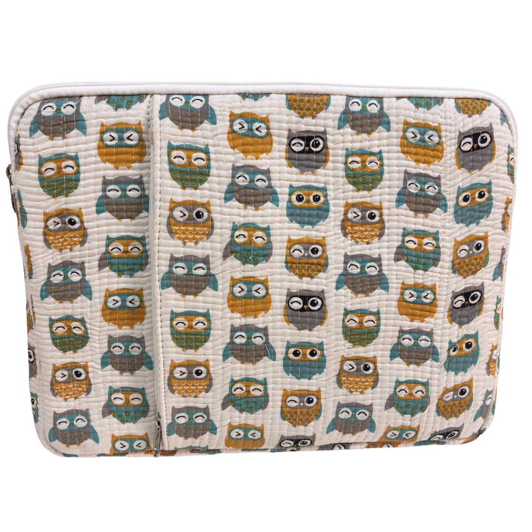 White Owl laptop sleeve front view showing 250 GSM quilted cotton and signature owl artwork