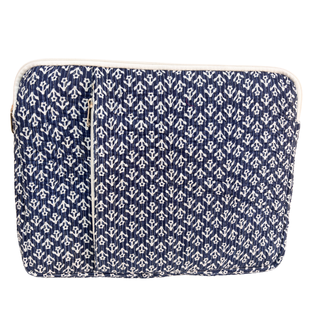 Indigo Blue laptop sleeve front view showing 250 GSM quilted cotton texture and Mughal-inspired floral print