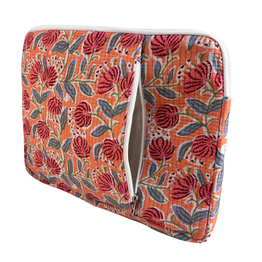 Quilted Cotton Laptop Sleeve with External Pocket — Handcrafted 14-inch Sleeve | The House of RajPadmini