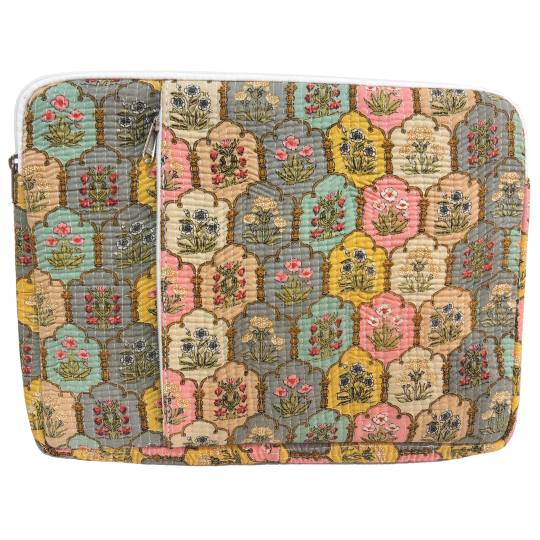 Classic Yellow laptop sleeve front view showing 250 GSM quilted cotton and vibrant Indian print