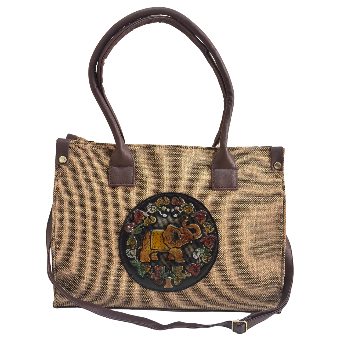 The House of RajPadmini Jute Tote Bag with Medallion Embossed Print