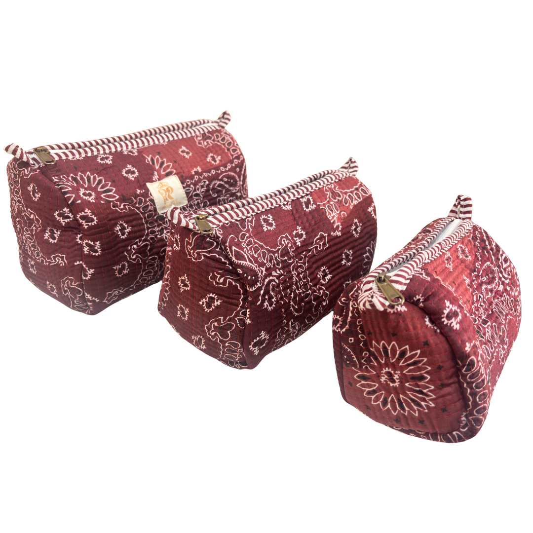 Quilted Cotton Travel Pouch Set of 3 – Waterproof Toiletry Organizer | Handcrafted in India
