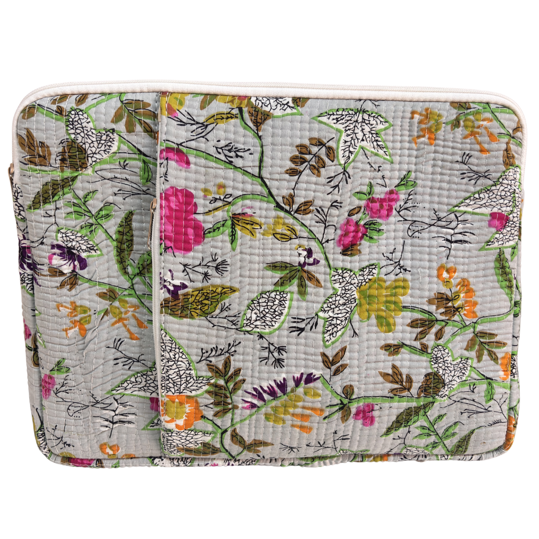 Off-White Multicolour laptop sleeve front view showing 250 GSM quilted cotton and heritage botanical print