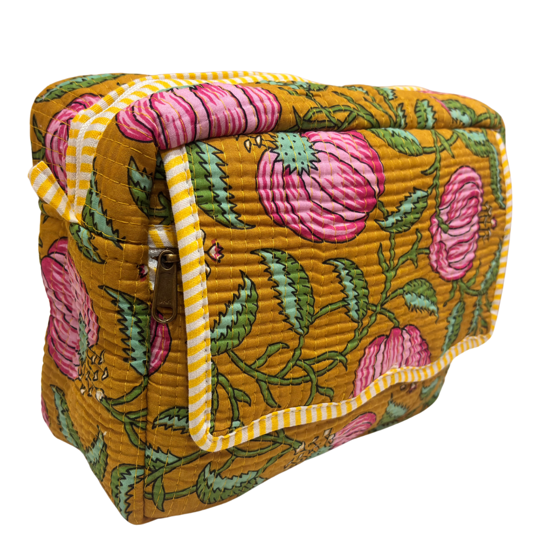Multi-Pocket Travel Cosmetic Case with Flap & Front Zip — Handcrafted Quilted Block Print | RajPadmini