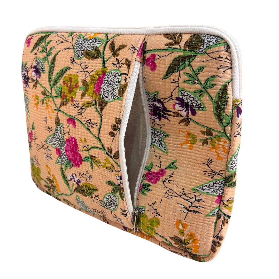Quilted Cotton Laptop Sleeve with External Pocket — Handcrafted 14-inch Sleeve | The House of RajPadmini