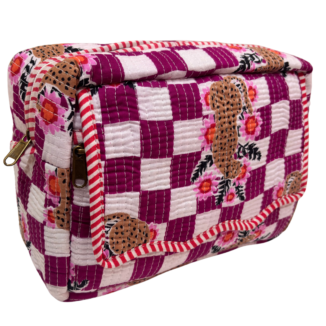 Multi-Pocket Travel Cosmetic Case with Flap & Front Zip — Handcrafted Quilted Block Print | RajPadmini