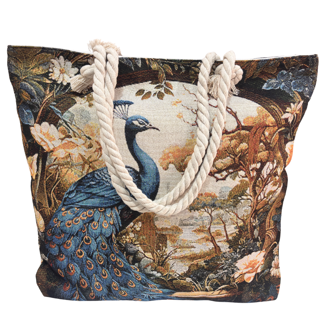 Peacock & Floral Print Canvas Beach Tote — Handcrafted Waterproof Tote with Zip Closure | The House of RajPadmini