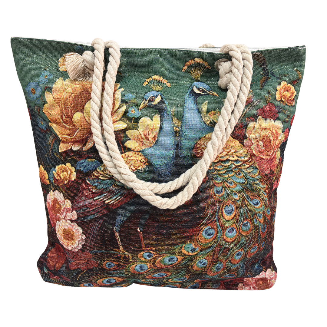 Peacock & Floral Print Canvas Beach Tote — Handcrafted Waterproof Tote with Zip Closure | The House of RajPadmini