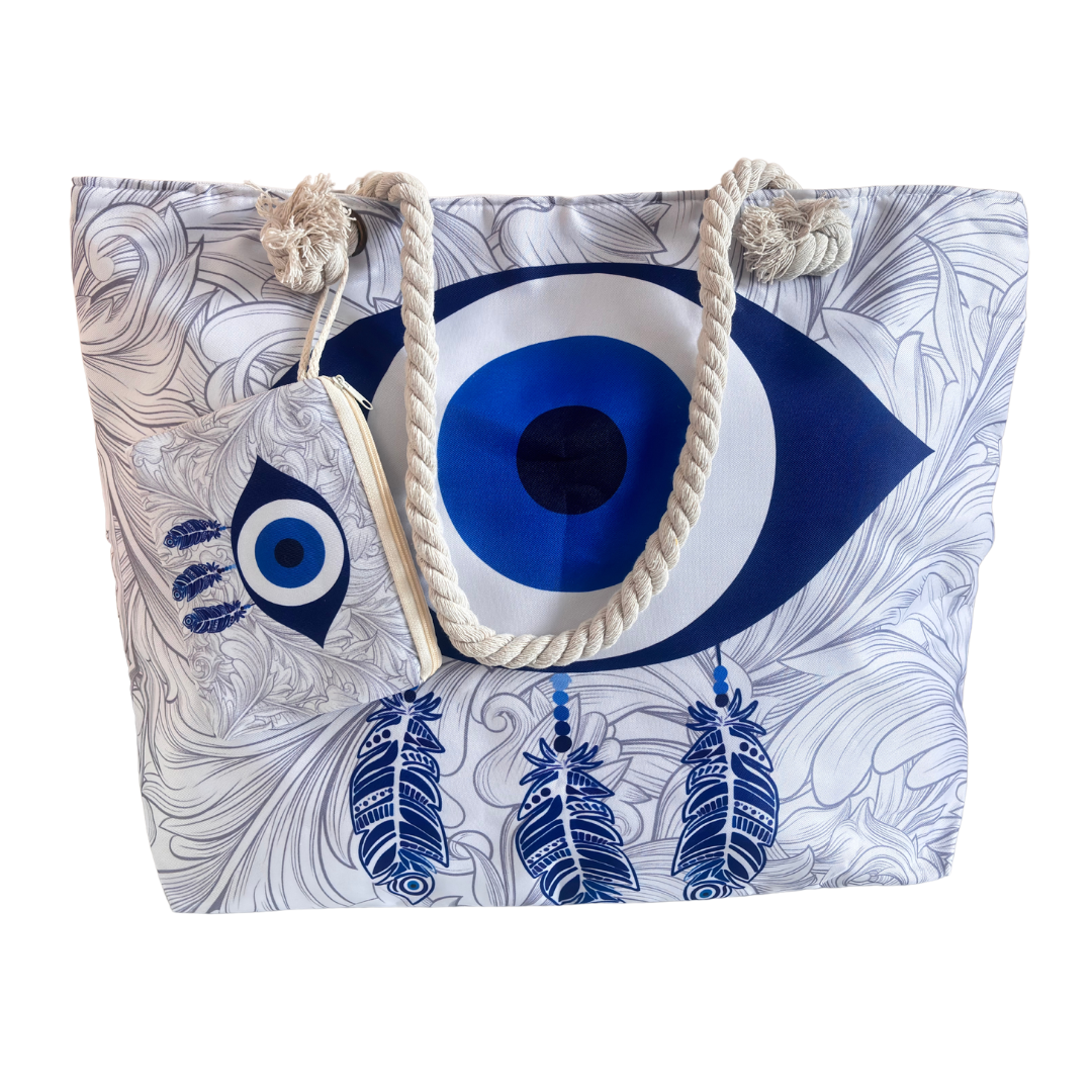 The Beach Party Edition:- Evil Eye Feather Print Beach Tote Bag with complimentary Pouch - The House of RajPadmini