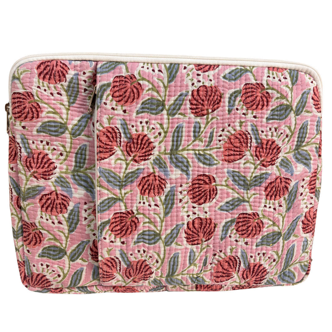 Floral Pink laptop sleeve front view showing 250 GSM quilted cotton and Indian floral print