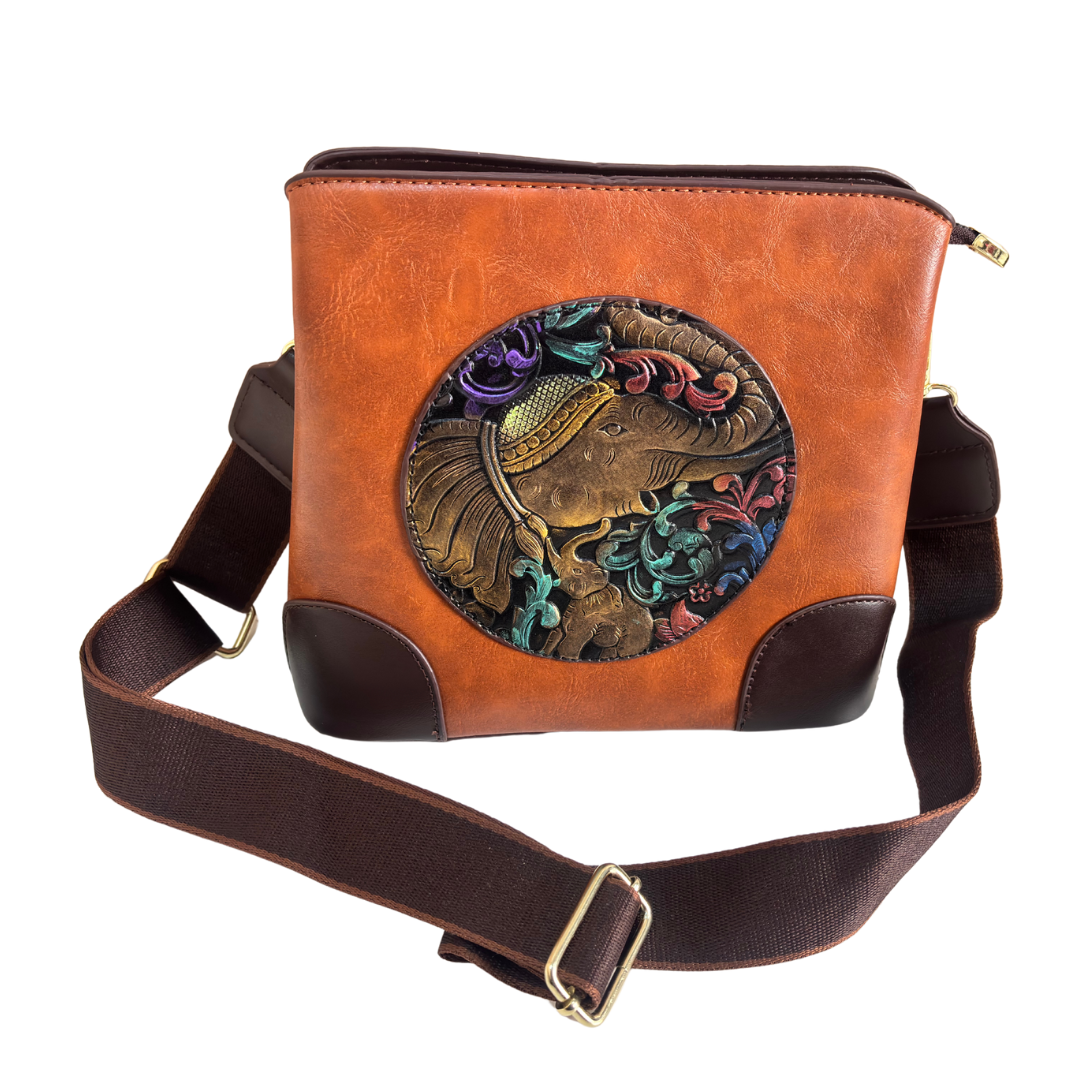 The House of RajPadmini Amber Fort Gajraj Edition | Embossed Elephant Medallion Handbag with Convertible Strap