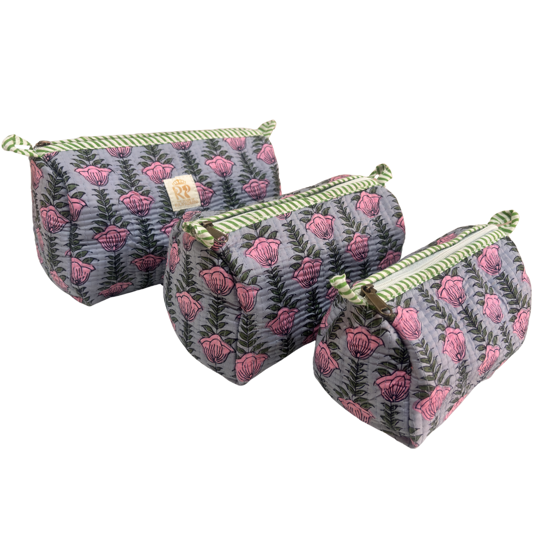 Quilted Cotton Travel Pouch Set of 3 – Waterproof Toiletry Organizer | Handcrafted in India