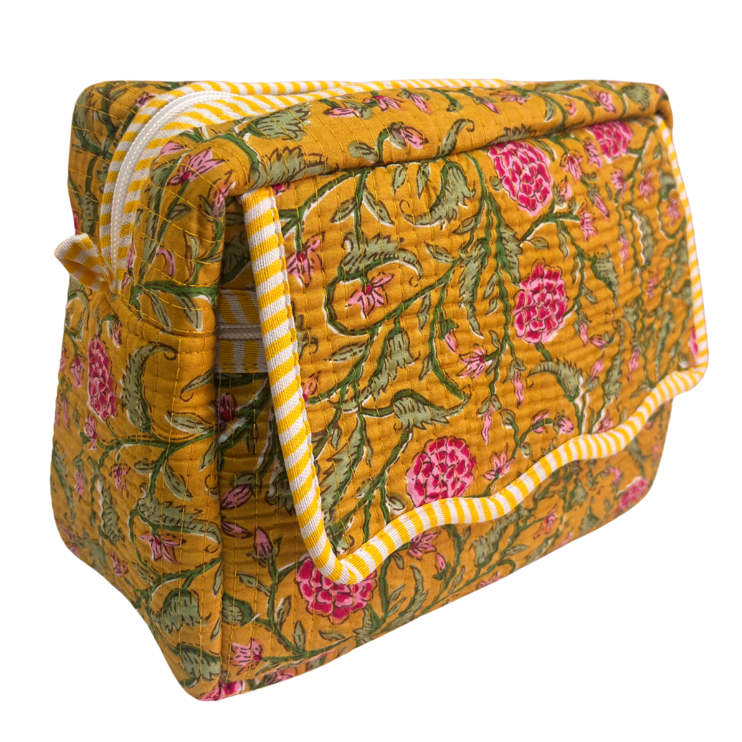 Multi-Pocket Travel Cosmetic Case with Flap & Front Zip — Handcrafted Quilted Block Print | RajPadmini