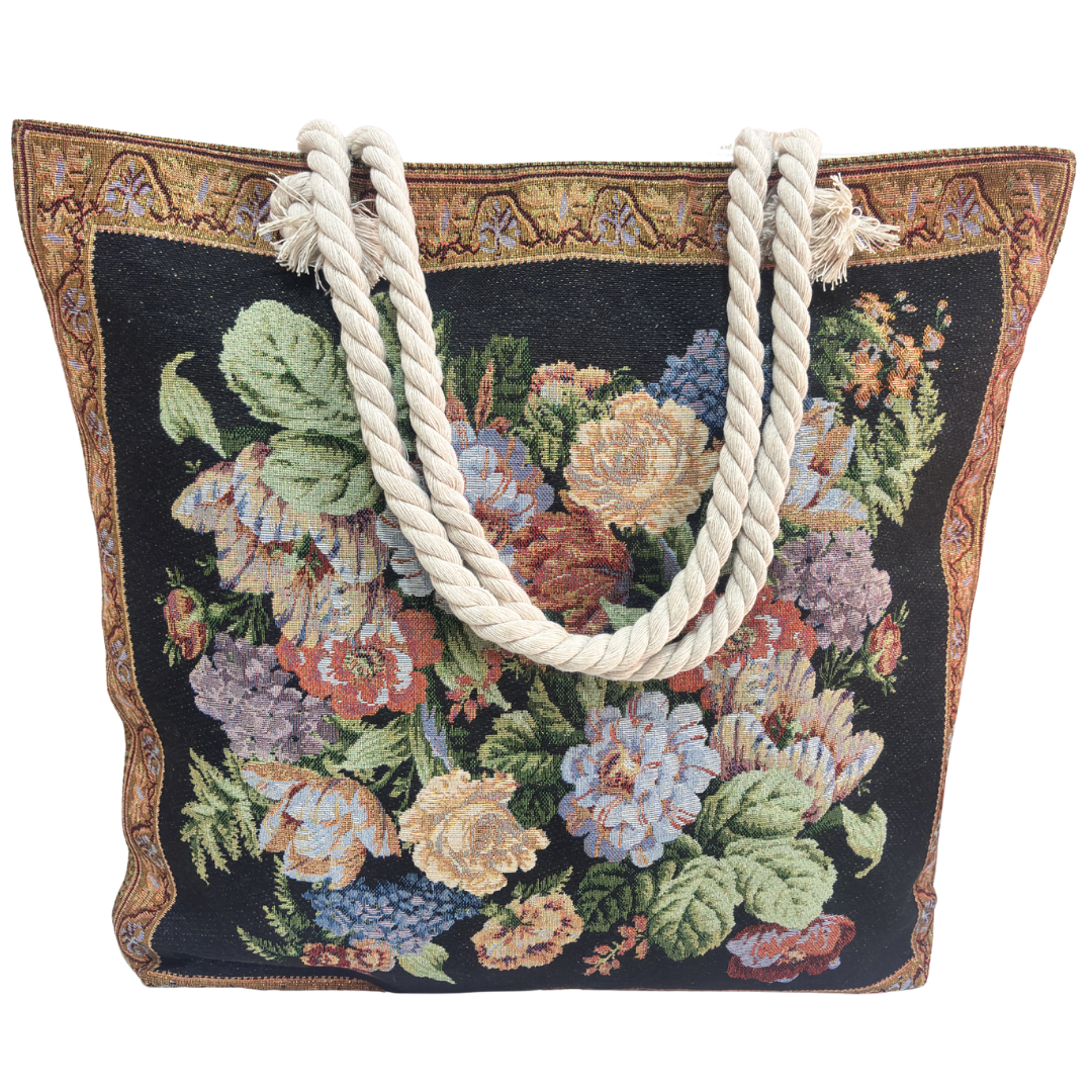 Peacock & Floral Print Canvas Beach Tote — Handcrafted Waterproof Tote with Zip Closure | The House of RajPadmini