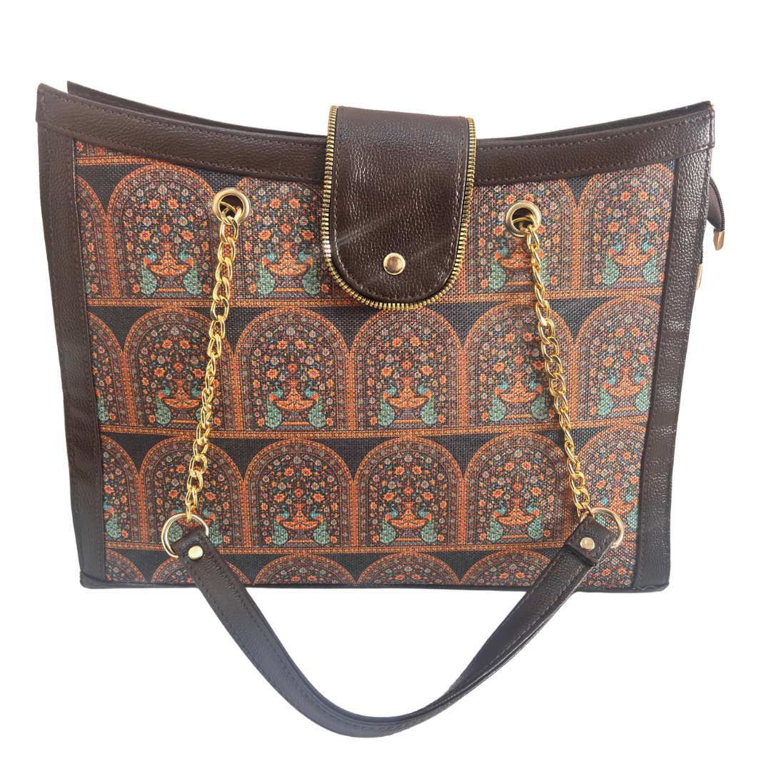 Chain Handle Tote Bag for Women | Rajasthani Block Print with Gold Chain Handles & Matching Pouch