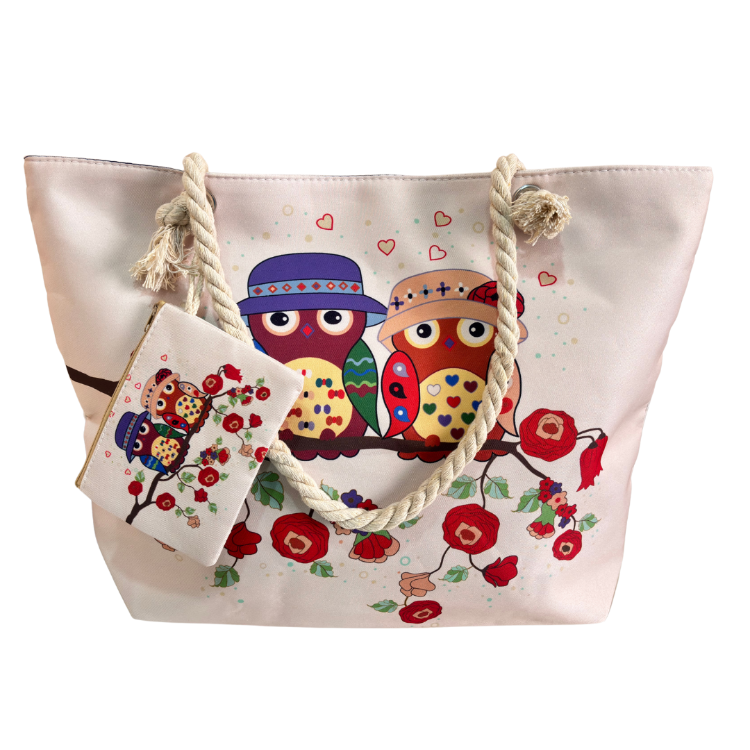 The Beach Party Edition:- Owl Print White Beach Tote Bag with complimentary Pouch