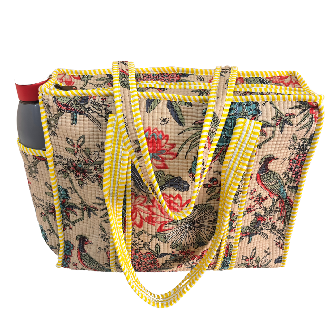 Artisan Quilted Bloom Quilted Cotton Tote - Handcrafted Shopping Companion