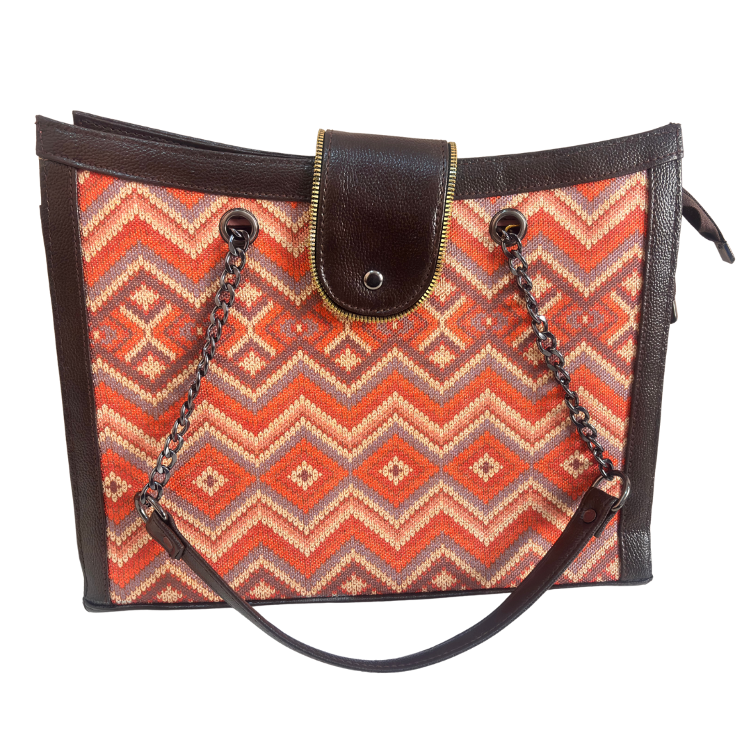 Chain Handle Tote Bag for Women | Rajasthani Block Print with Gold Chain Handles & Matching Pouch
