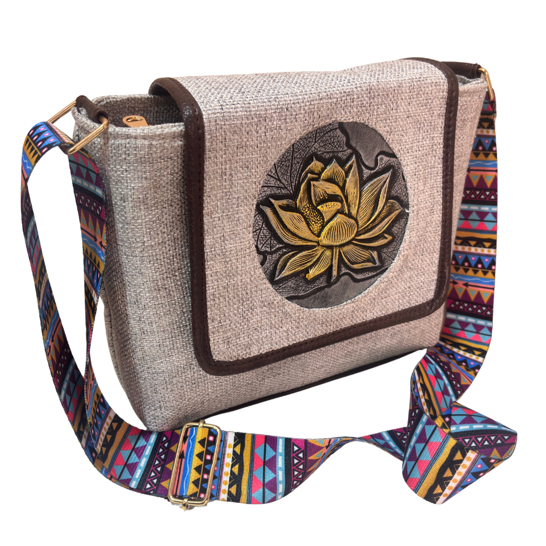 Medallion Embossed Jute Sling Bag