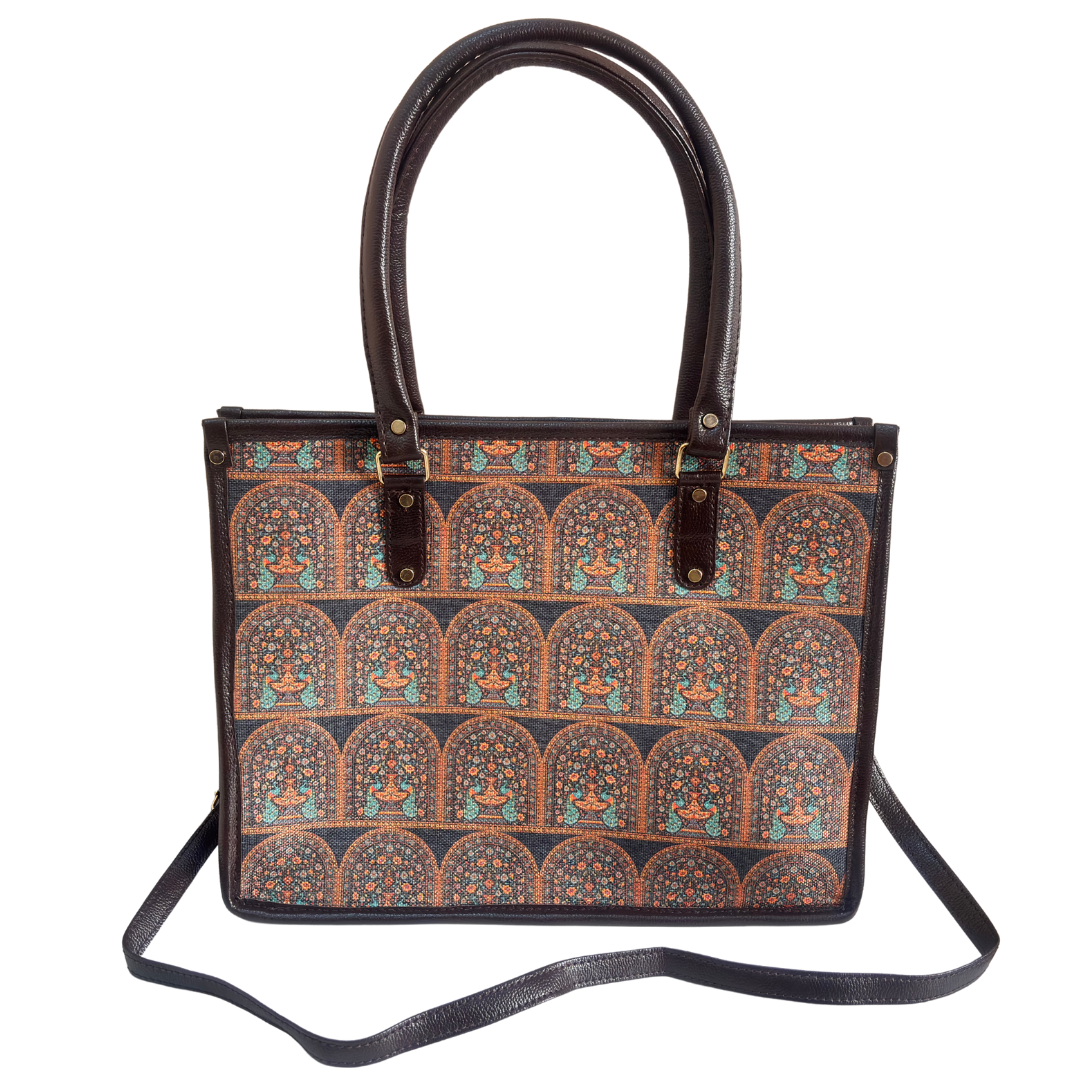 Office Tote Bag for Women | Block Print Rajasthani Tote with Laptop Space & Matching Pouch