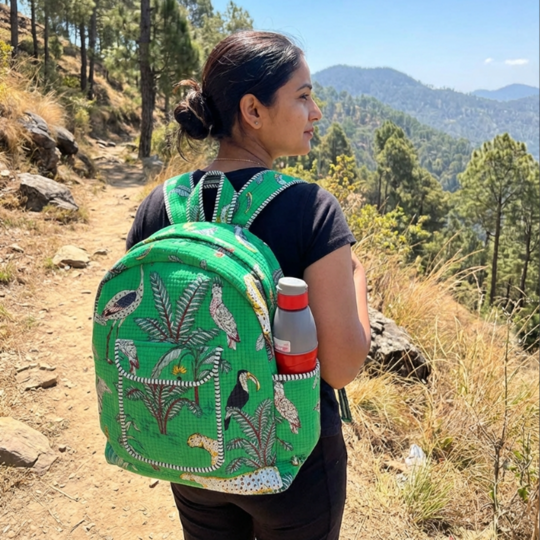 The Jungle Book Edition:- Premium Quilted Green Cotton Backpack with Animal Print Design - Stylish Eco-Friendly Bag for School, Travel, and Everyday Adventures
