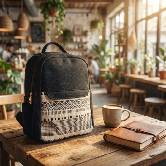 The Aavran Edition:- Premium Geometric Pattern Black Jute Laptop Backpack