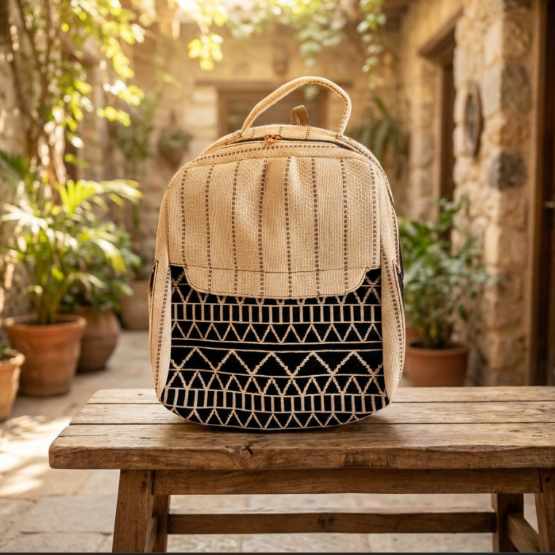 The Aavran Edition:- Premium Geometric Pattern White Jute Laptop Backpack