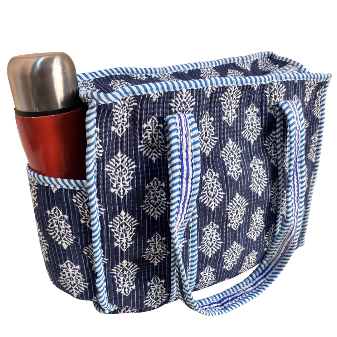 Blue quilted tote interior — spacious cotton lining for shopping