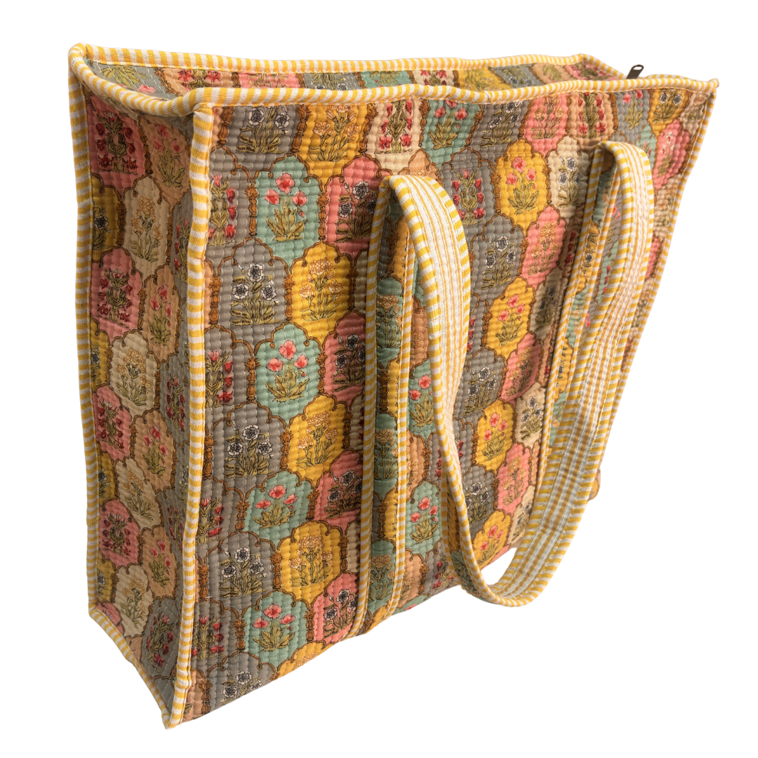 Quilted Cotton Shopping Tote Bag – Block Print, Handcrafted | The House of RajPadmini