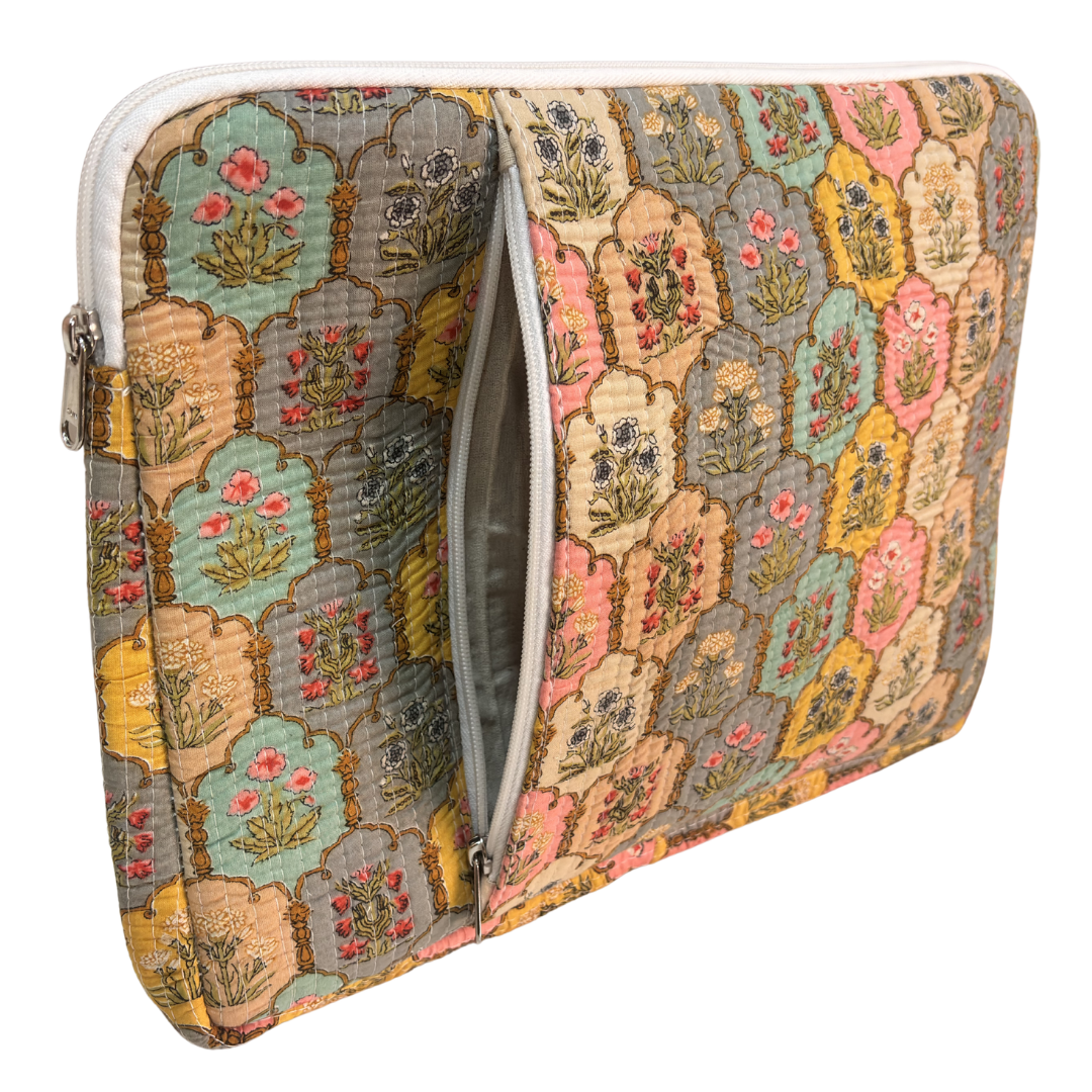 Classic Yellow quilted laptop sleeve back panel with matching heritage cotton print