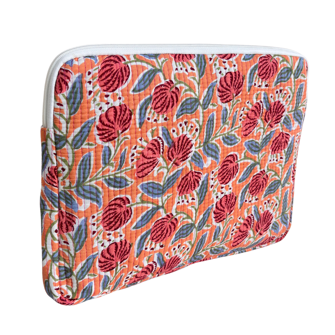 Quilted Cotton Laptop Sleeve with External Pocket — Handcrafted 14-inch Sleeve | The House of RajPadmini