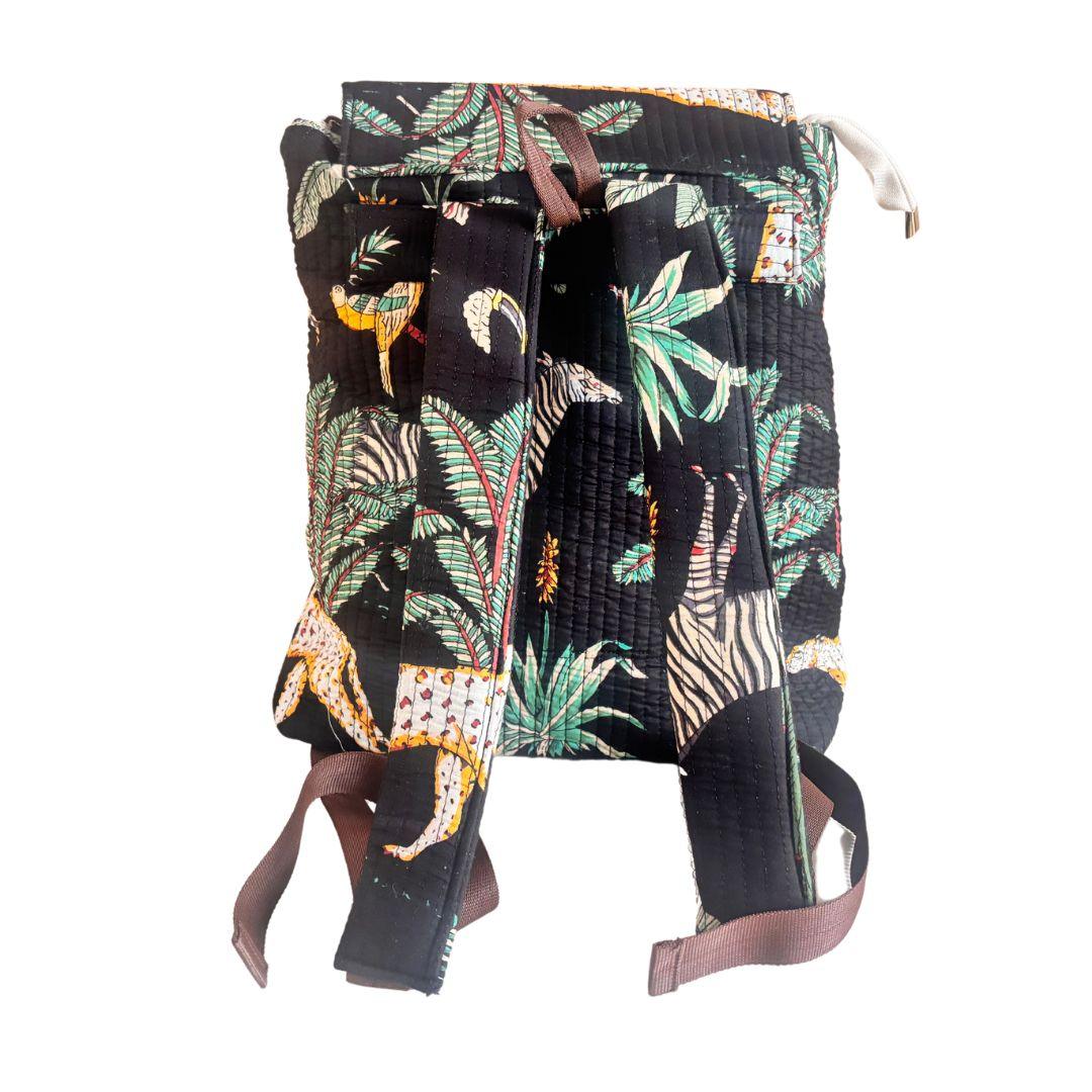 The Jungle Book Edition:- Premium Quilted Cotton Black Backpack with Ethnic Animal Print Design