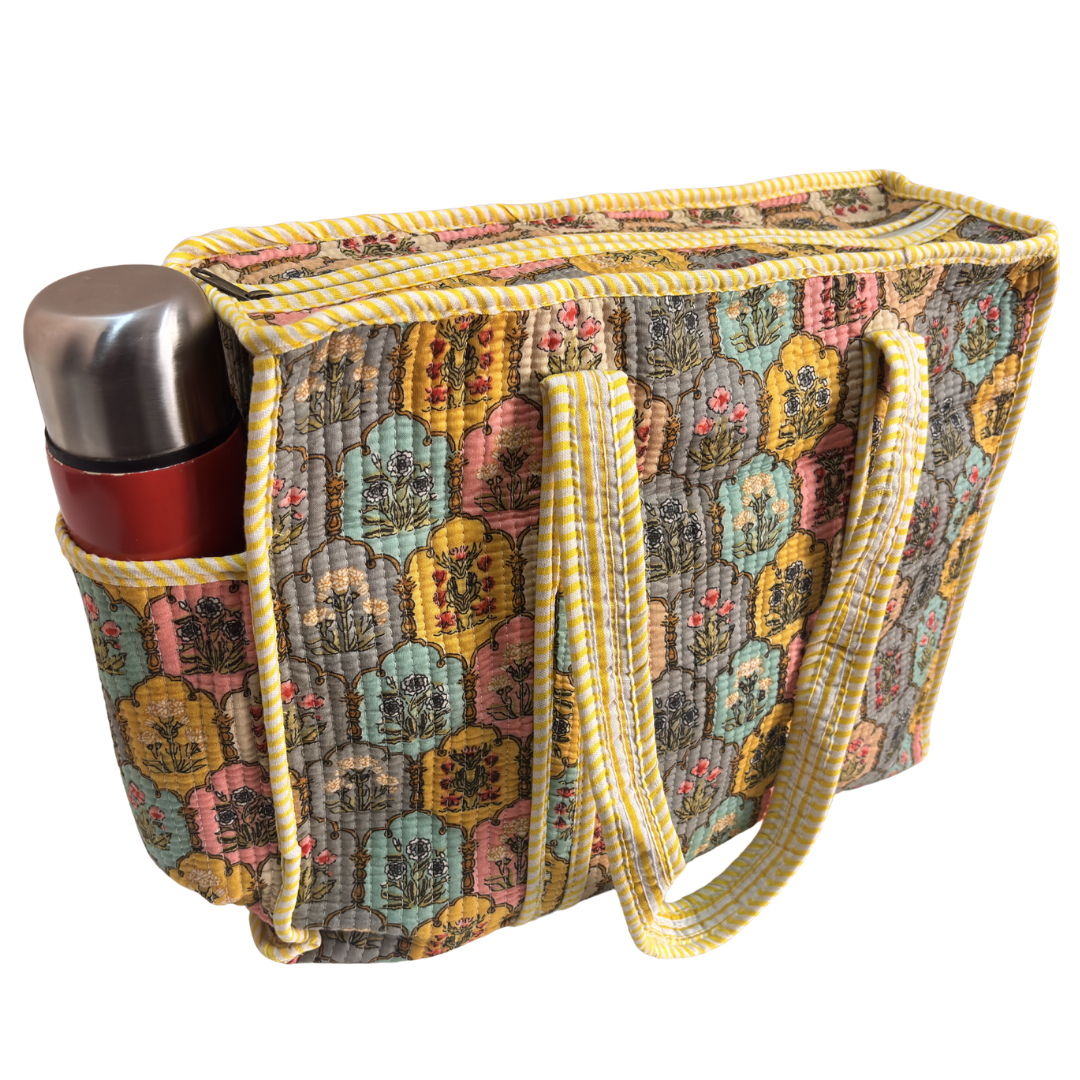 Artisan Quilted Bloom Quilted Cotton Tote - Handcrafted Shopping Companion