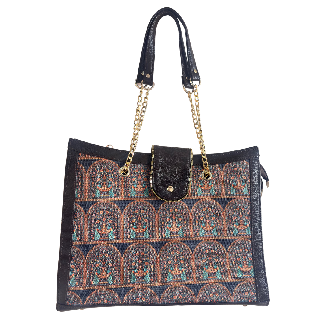 Chain Handle Tote Bag for Women | Rajasthani Block Print with Gold Chain Handles & Matching Pouch