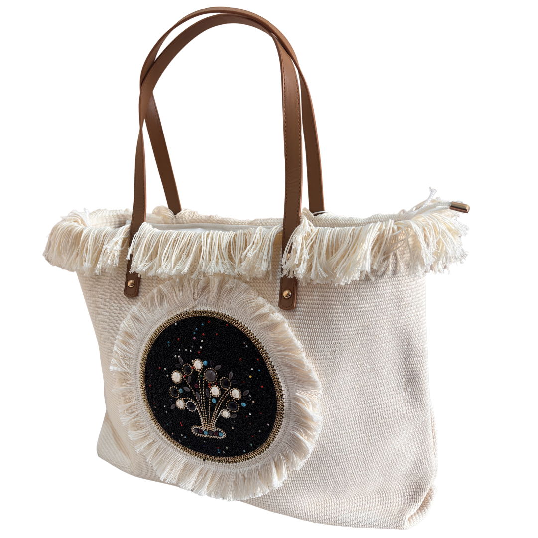The Canvas Handwork Tote Bag with Beaded Embellishment