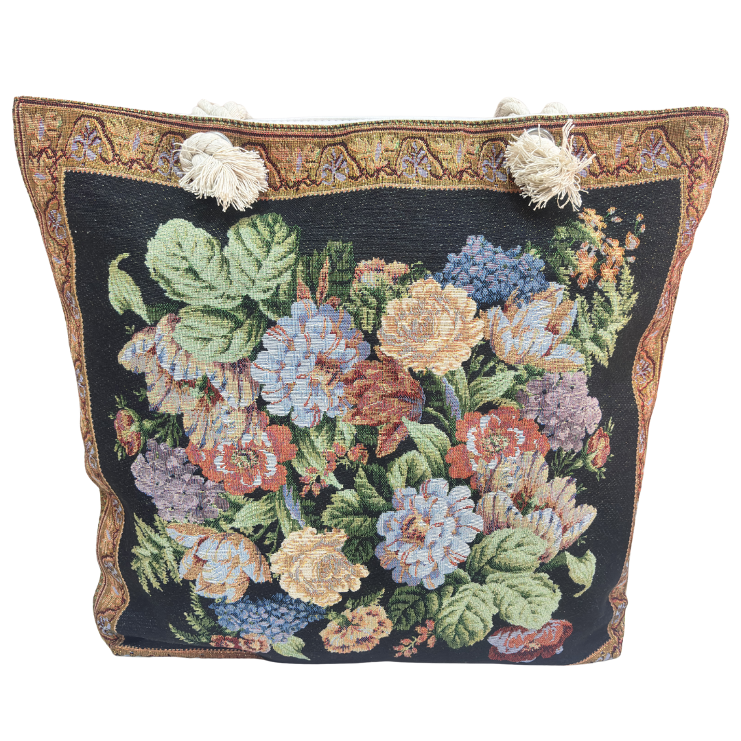 Peacock & Floral Print Canvas Beach Tote — Handcrafted Waterproof Tote with Zip Closure | The House of RajPadmini