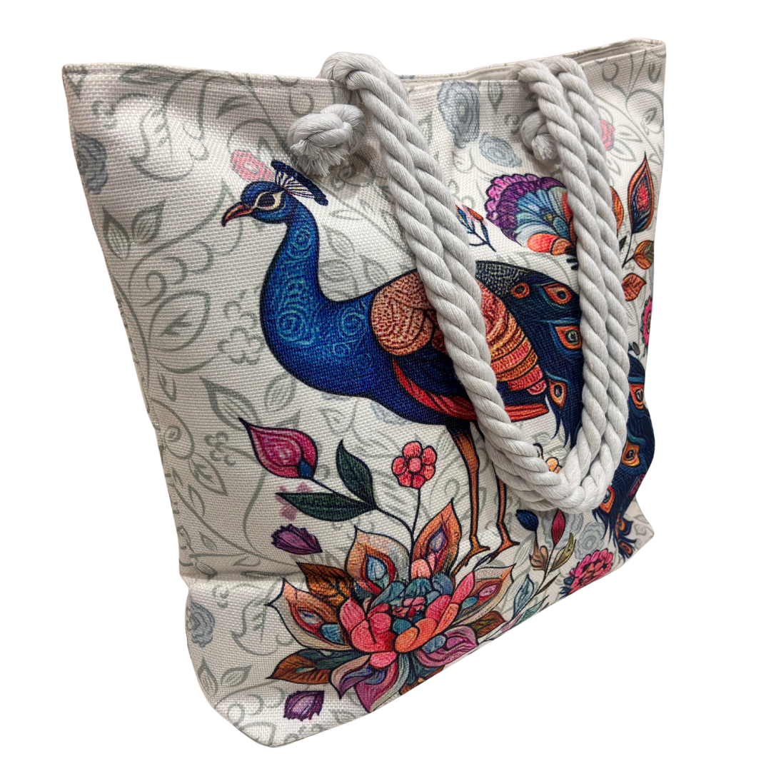 The House of RajPadmini Desert Caravan Edition | Waterproof Jaipuri Print Beach Tote with Peacock & Camel Motifs