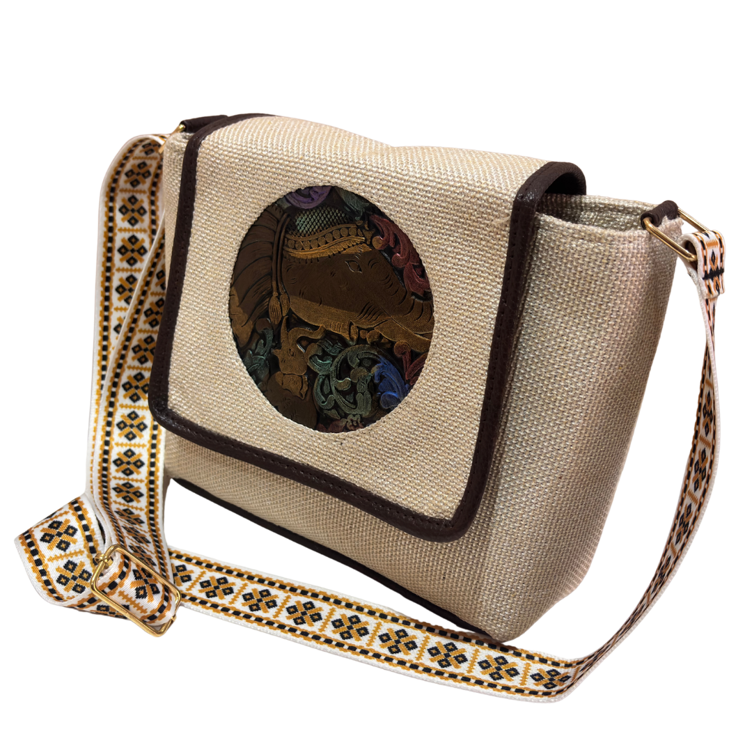 Medallion Embossed Jute Sling Bag